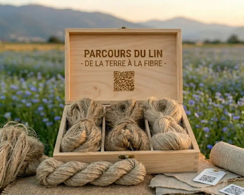 Etikashion 41 lin éthique pour les produits etikashion dans une boîte avec un champ de lin en fond