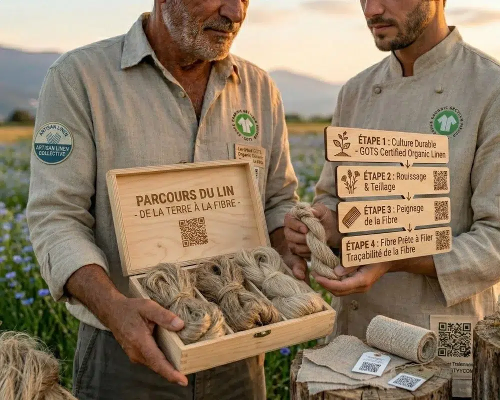 deux producteurs de lin etikashion montrant les matières premières éthiques